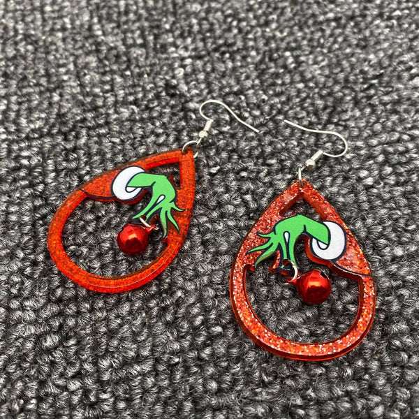 Mio Queena - Christmas Acrylic Grinch Holding Bell Red Drop Dangle Earrings