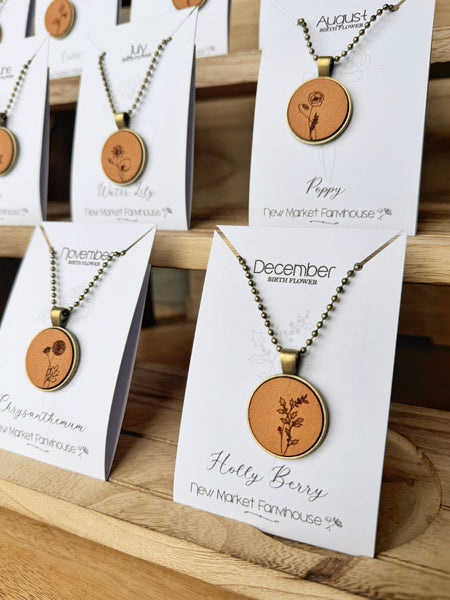 New Market Farmhouse - Birth Month Flower Necklaces - Leather Pendant Necklace Set