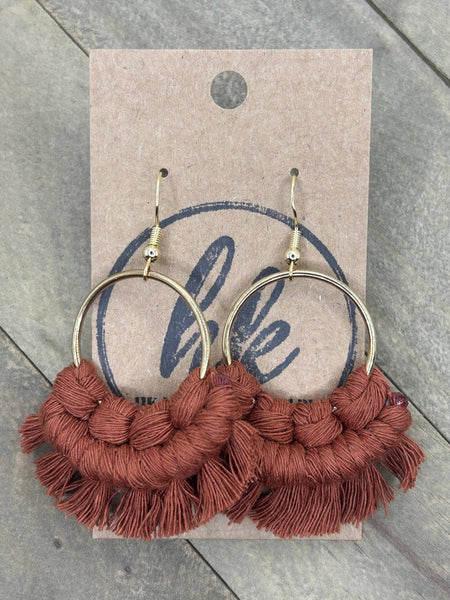 HK Macrame Jewelry - Small Round Fringe Earrings - Burnt Orange & Gold