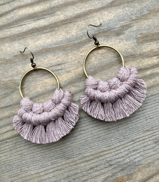 HK Macrame Jewelry - Small Round Fringe Earrings - Dusty Mauve & Bronze