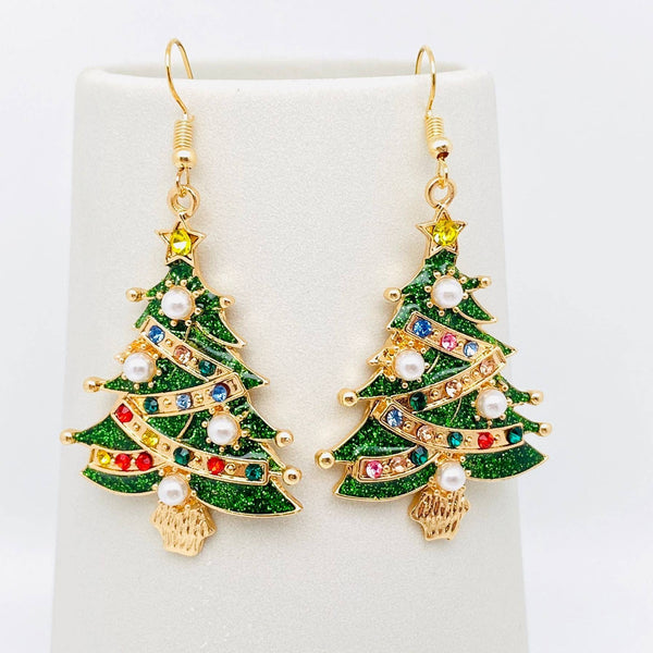 Mio Queena - Christmas Tree Rhinestone Stars Pearl Dangle Earrings