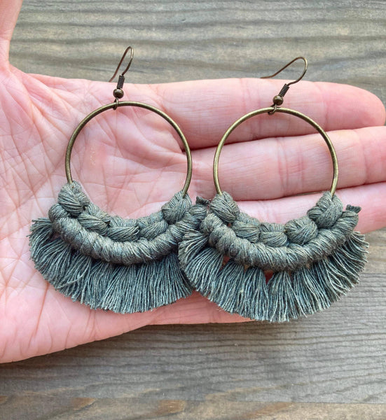 HK Macrame Jewelry - Large Statement Fringe Earrings - Army Green & Bronze