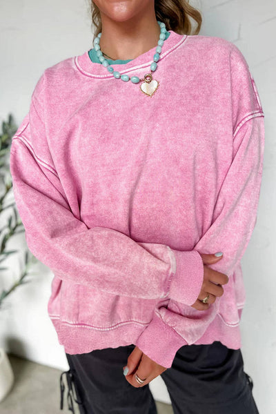 Lovesoft - Bright Pink Mineral Wash Crossed Crew Neck Drop Shoulder Loose Sweatshirt