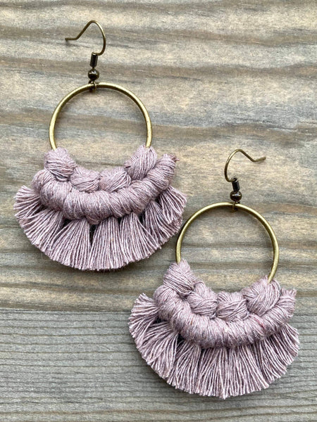 HK Macrame Jewelry - Small Round Fringe Earrings - Dusty Mauve & Bronze