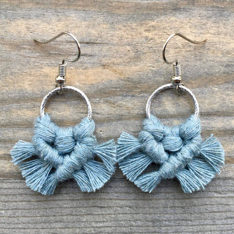 HK Macrame Jewelry - Micro Fringe Round Earrings - Laurel Green & Silver