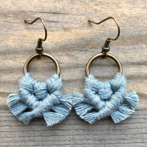 HK Macrame Jewelry - Micro Fringe Round Earrings - Laurel Green & Bronze
