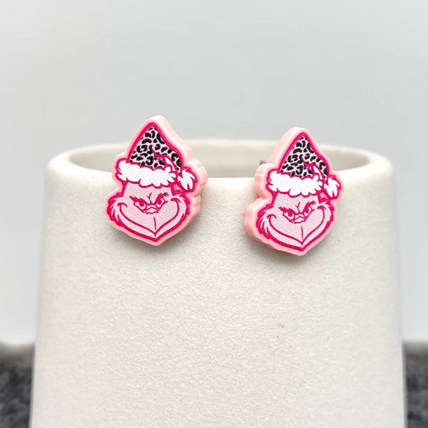 Mio Queena - Christmas Jewelry Acrylic Pink Grinch Ear Studs