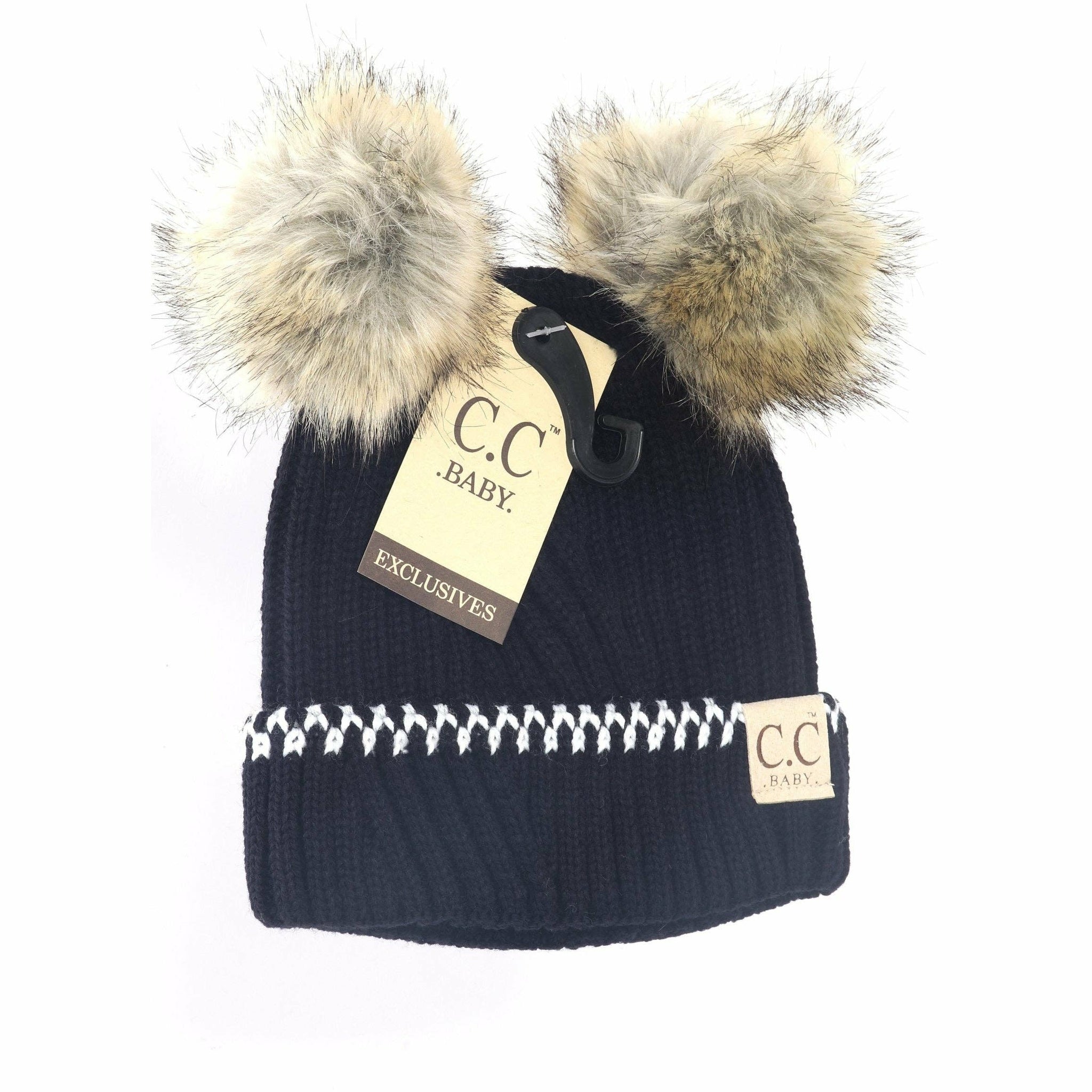 C.C Beanie - Baby Solid Knit Double Fur Pom Beanie - Newborn