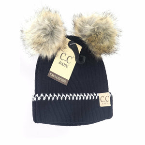 C.C Beanie - Baby Solid Knit Double Fur Pom Beanie - Newborn
