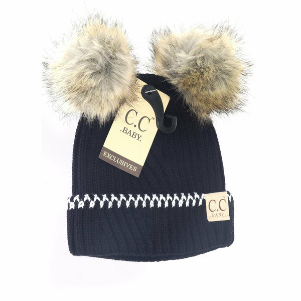 C.C Beanie - Baby Solid Knit Double Fur Pom Beanie - Newborn