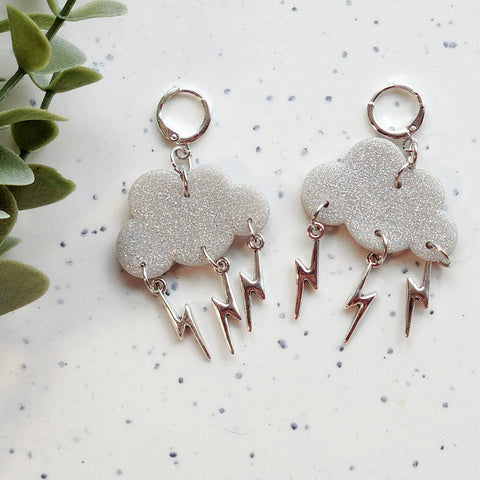 Luxe Trauma - Glitter earrings cloud lightning huggies silver