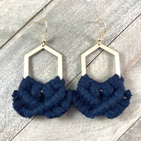 HK Macrame Jewelry - Geometric Fringe Earrings - Black