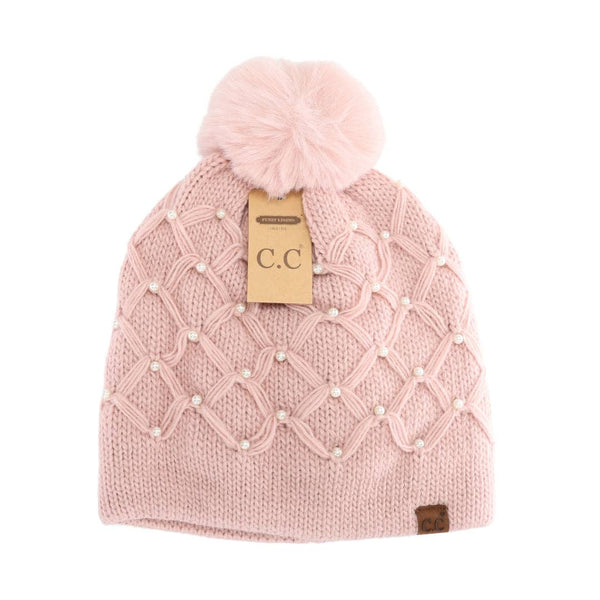 C.C Beanie - Allover Pearl Crochet C.C Faux Fur Pom Beanie HTE0128