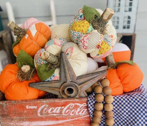 A Gnome on the Roam - Handmade Fabric Pumpkins Vintage Quilt Top 7" Fall Decor