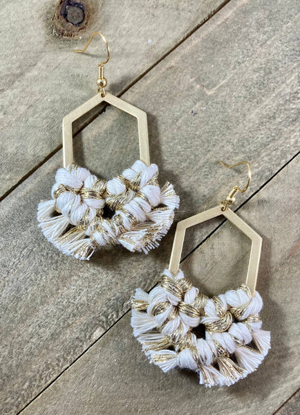 HK Macrame Jewelry - Geometric Fringe Earrings - Natural & Gold