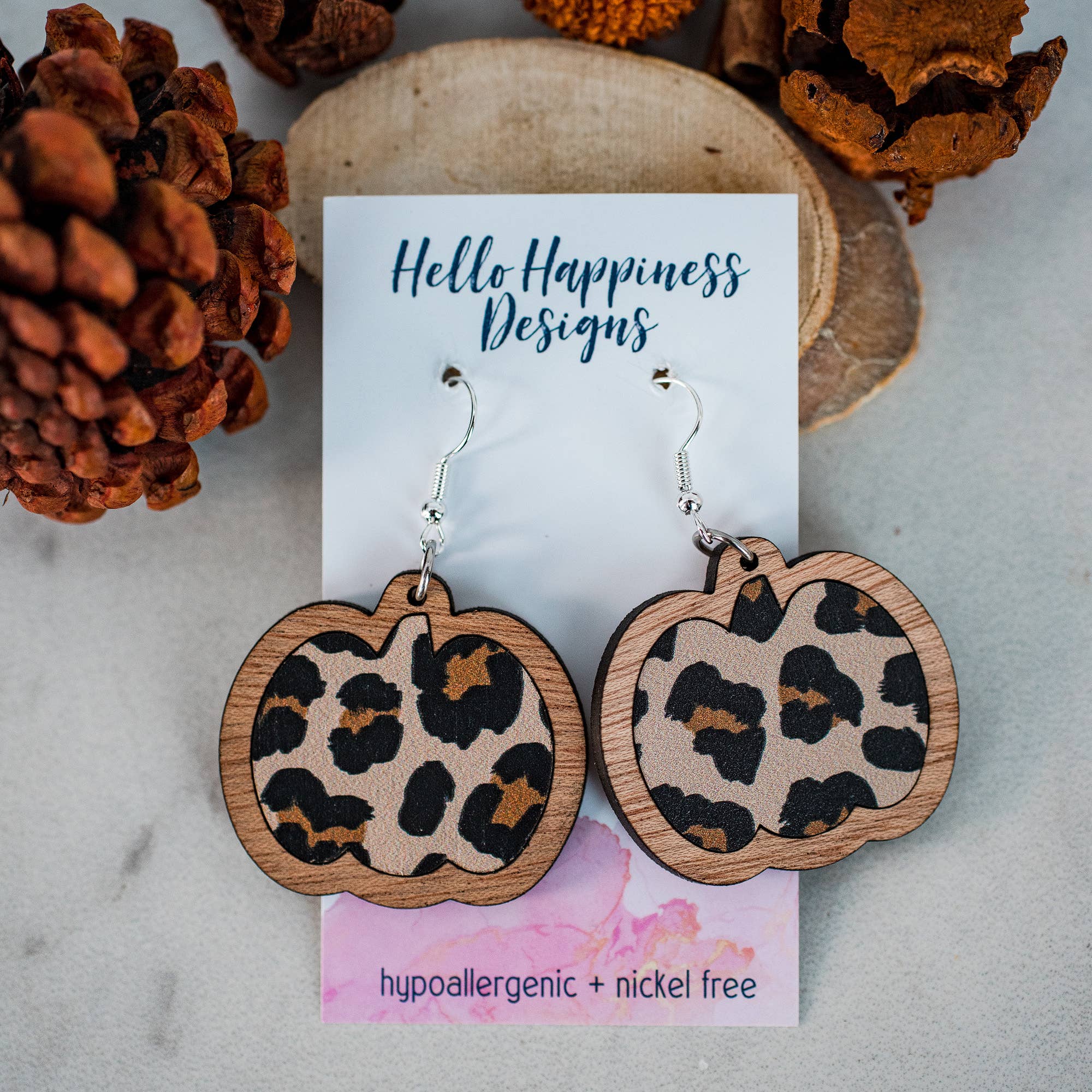 Hello Happiness Wholesale - Leopard Pumpkin Inset Dangles - Fall Thanksgiving Earrings