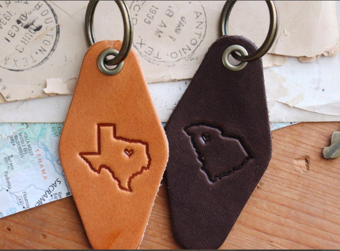 The Traveling Penny - Custom State Outline Motel Leather Keychain Key Fob