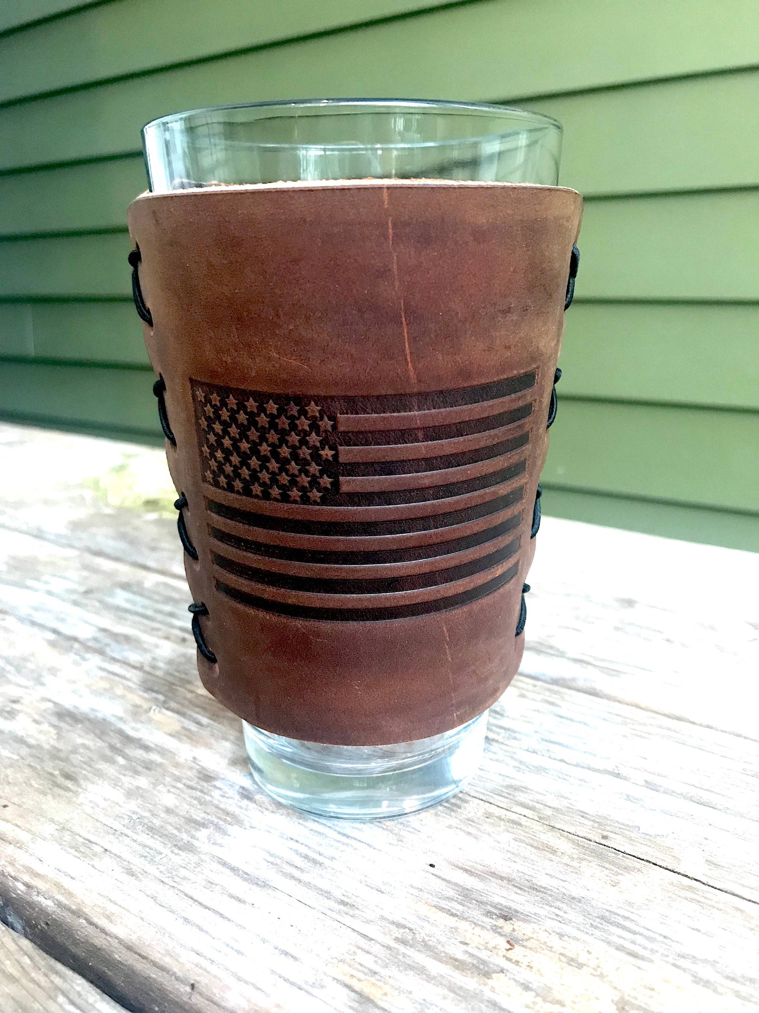 Jimmyrockit - American Flag USA Pint Glass & Leather Koozie