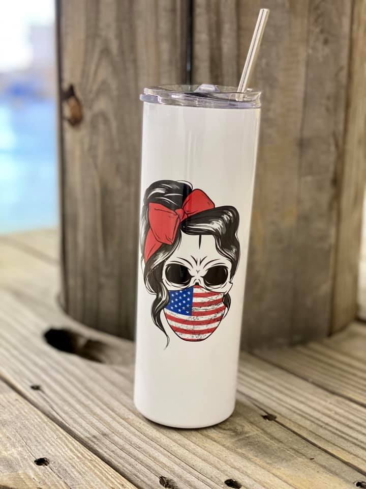 USA MASKED SKULL GIRL -20OZ SKINNY TUMBLER