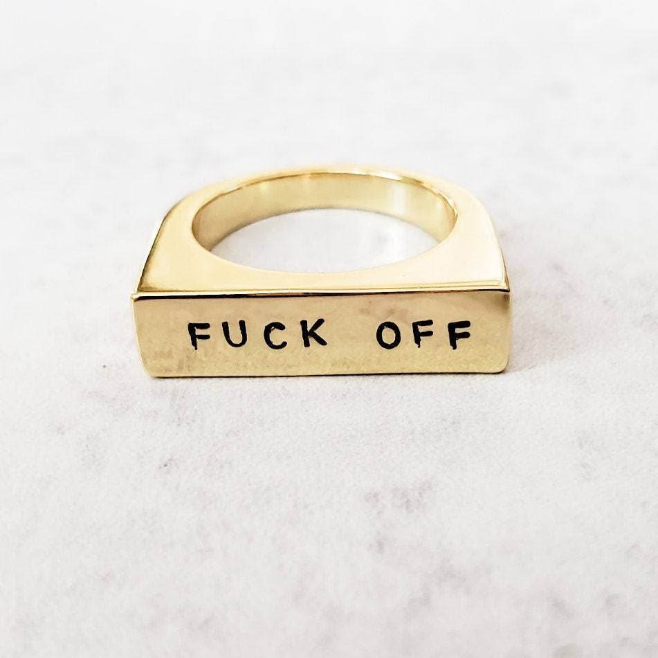 Salt and Sparkle - FUCK OFF 9 Gold Plated 90's Style Flat Top Ring