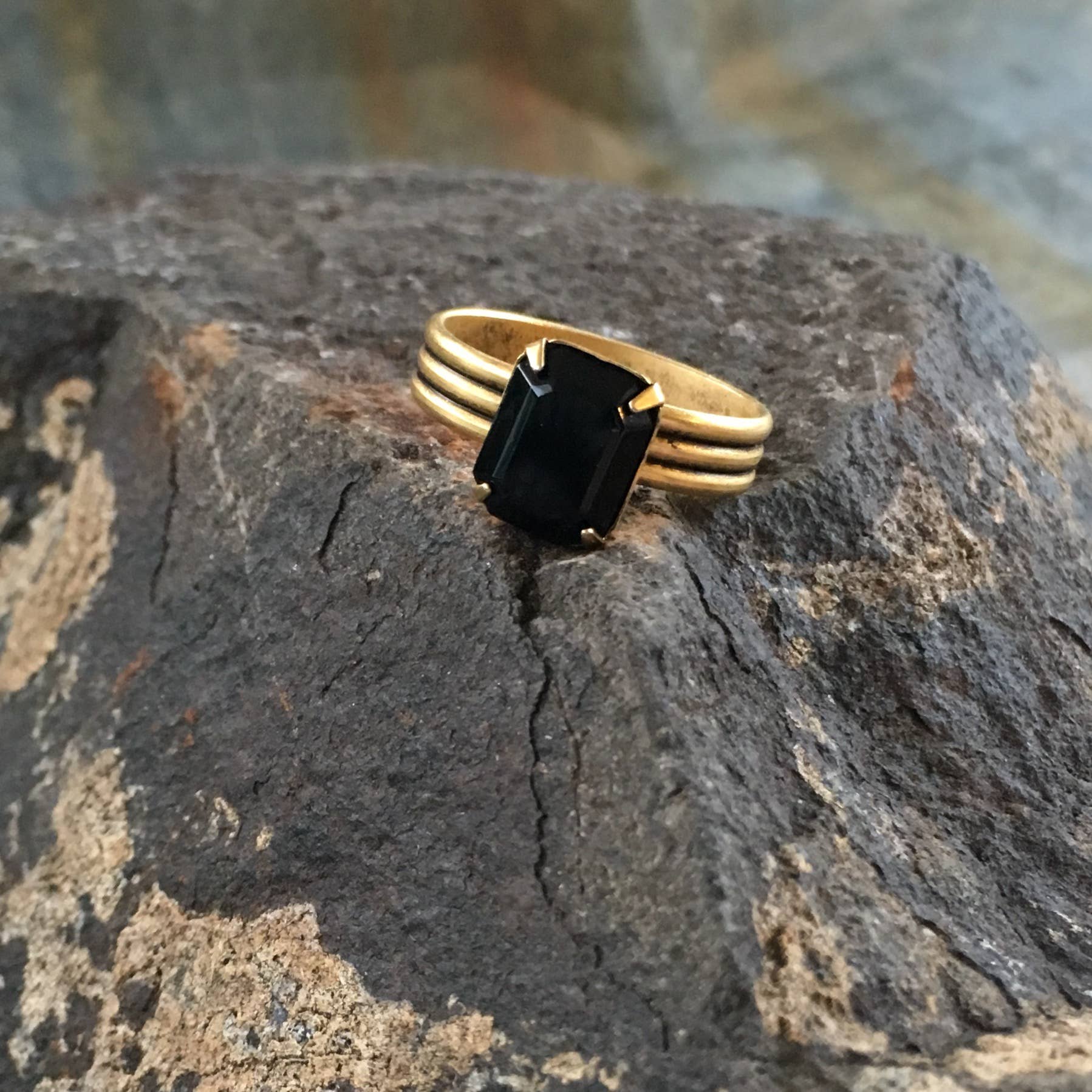 Buffalo Girls Salvage - Vintage Black Swarovski Crystal Gold Ring
