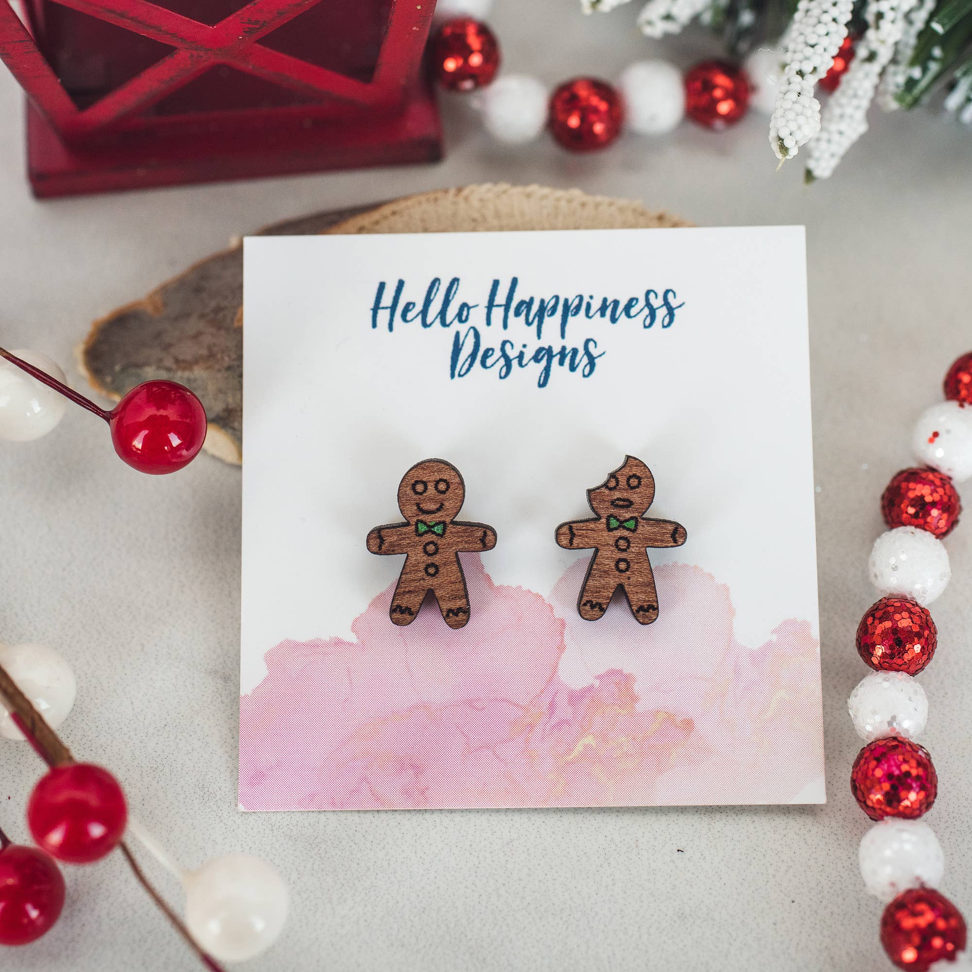 Hello Happiness Wholesale - Gingerbread Man Wood Studs - Christmas Earrings