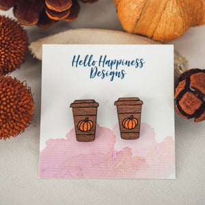 Hello Happiness Wholesale - Hand Painted Pumpkin Spice Latte Wood Studs -Fall Coffee PSL