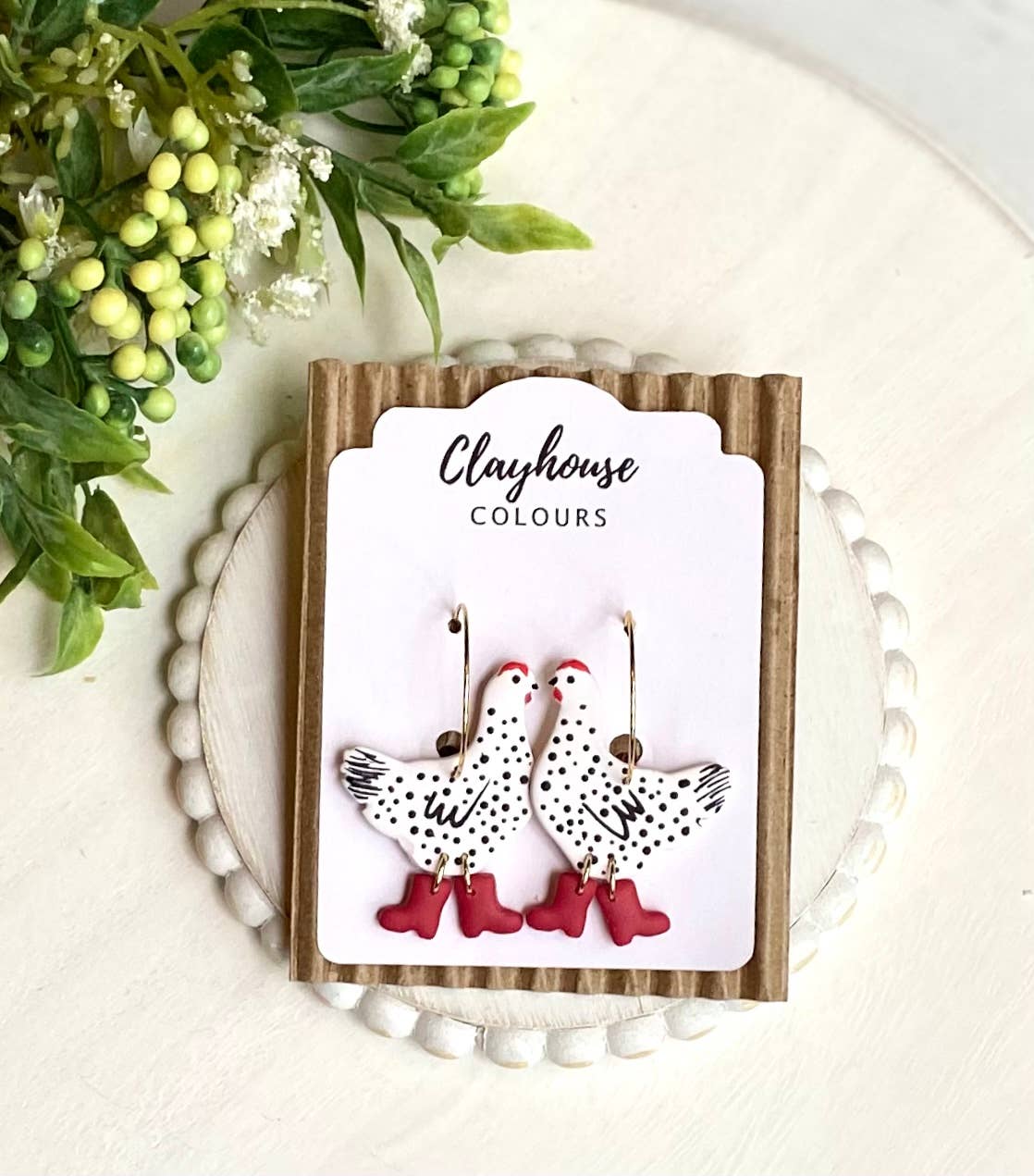 Clayhouse Colours - Chicken with Boots Hoops: White/Red Boots