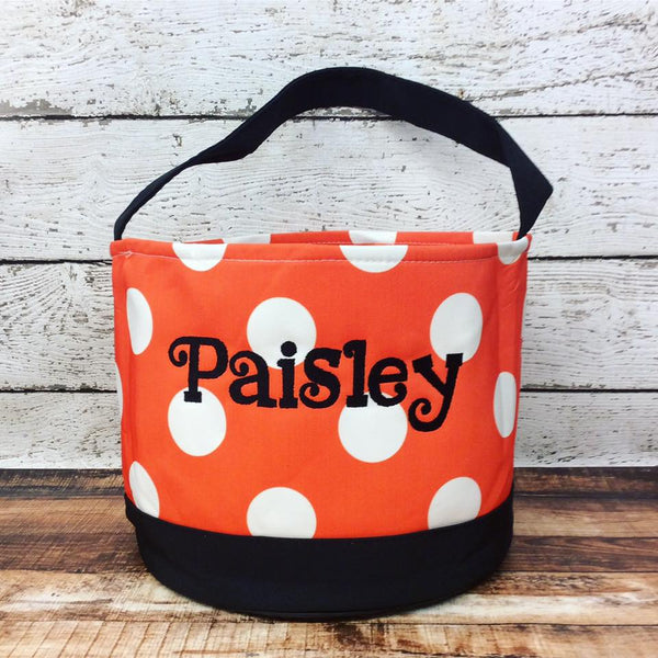 Personalized Polka Dot Trick or Treat Bucket- Orange/White