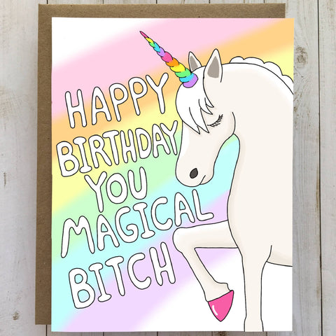 Bangs & Teeth - Magical Bitch Unicorn birthday card, funny birthday card