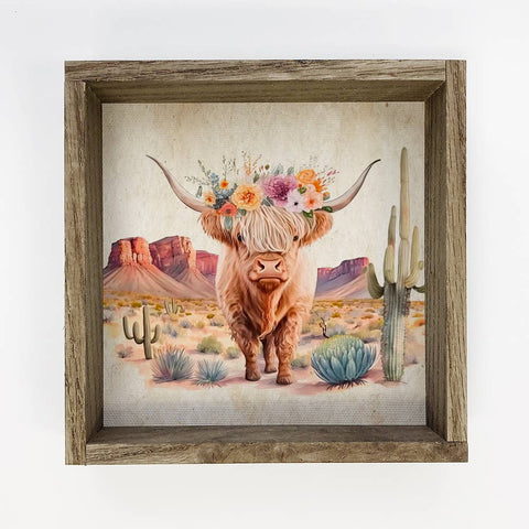Hangout Home - Highland Cow in Desert - Desert wall Art - Highland Cow: 6x6" Mini Canvas Art with Wood Box Frame