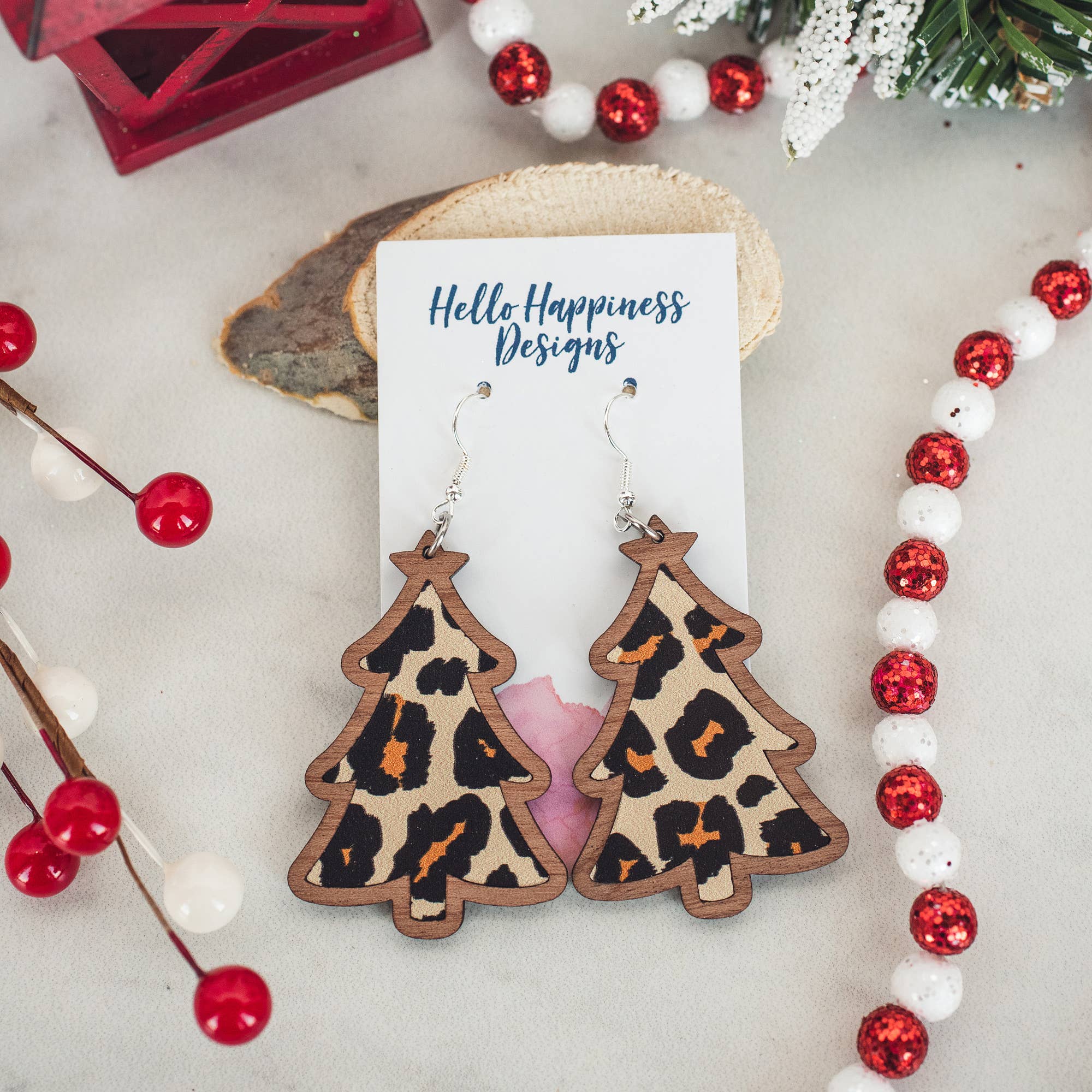 Hello Happiness Wholesale - Leopard Christmas Tree Wood Inset Dangles - Holiday Earrings