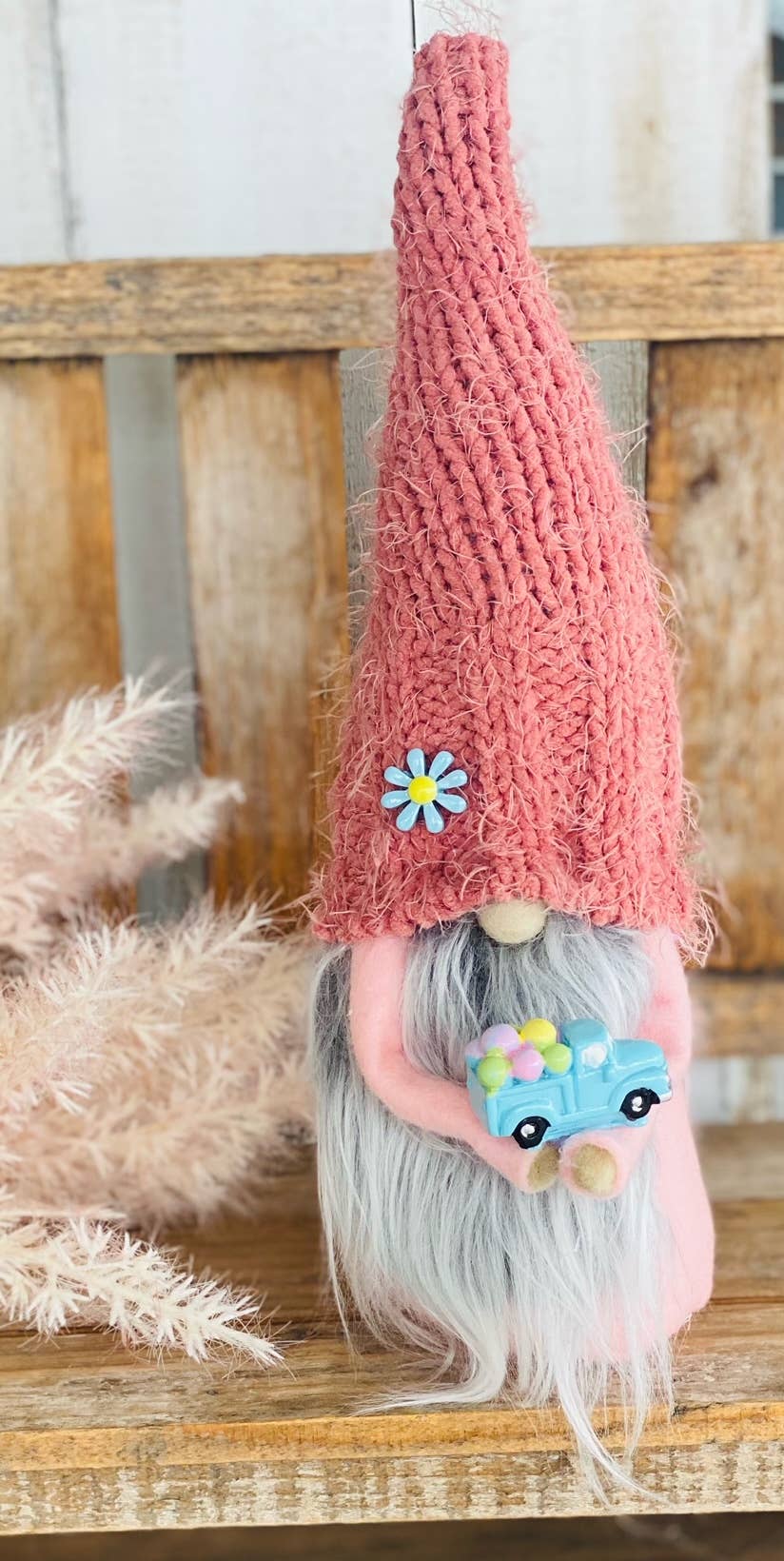 A Gnome on the Roam - Pastel Spring Easter gnome with blue truck, tier tray decor