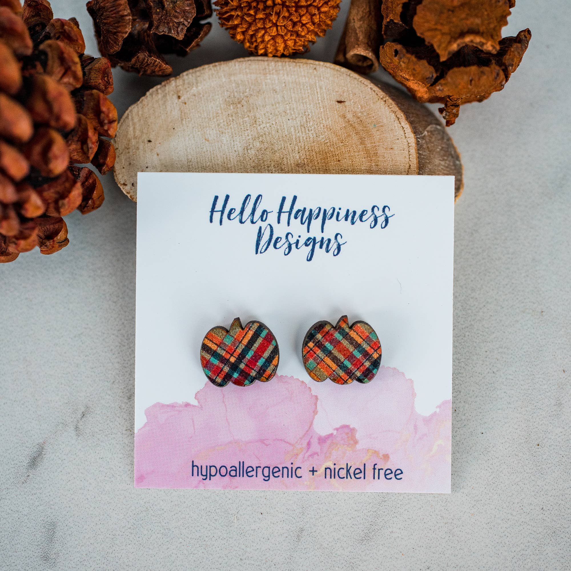 Hello Happiness Wholesale - Orange & Aqua Plaid Pumpkin Studs - Fall Thanksgiving