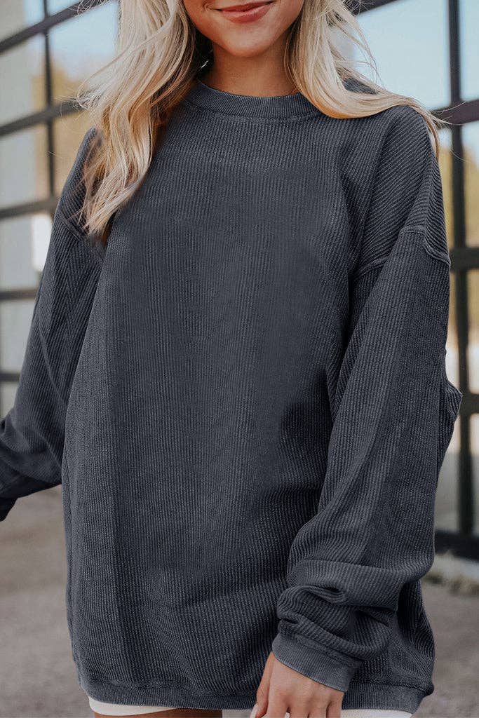Pretty Bash - Ribbed Oversized Long Sleeve Sweatshirt: M / Dark Gray