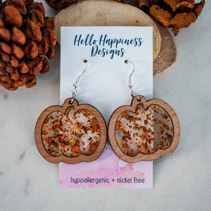 Hello Happiness Wholesale - Orange Glitter Flake Pumpkin Inset Dangles - Fall Earrings
