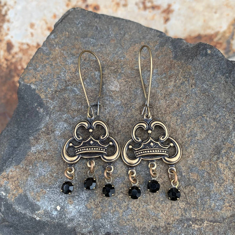 Buffalo Girls Salvage - Crown Drop Earrings - Black Crystal Jewelry