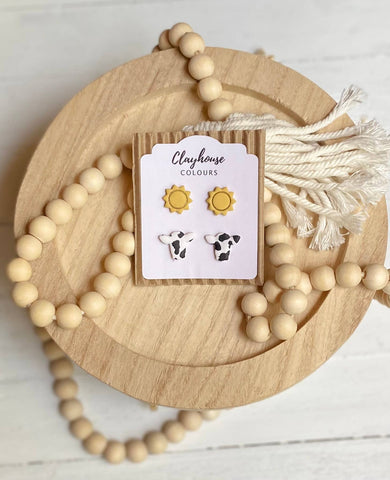 Clayhouse Colours - Cow Print & Sunflower Clay Earrings
