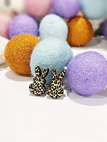 Lasting Impressions CT -  Leopard Wood Bunny Stud Earrings Easter