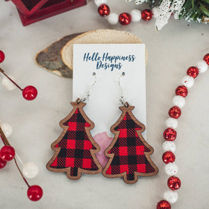 Hello Happiness Wholesale - Red Buffalo Check Christmas Tree Wood Inset Dangles