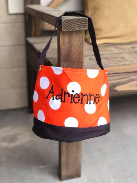 Personalized Polka Dot Trick or Treat Bucket- Orange/White