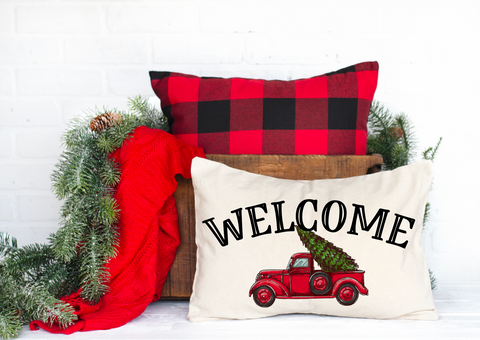 WELCOME CHRISTMAS VINTAGE TRUCK LUMBAR PILLOW