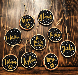 Personalized Wood Slice Ornament- Gold & Snow