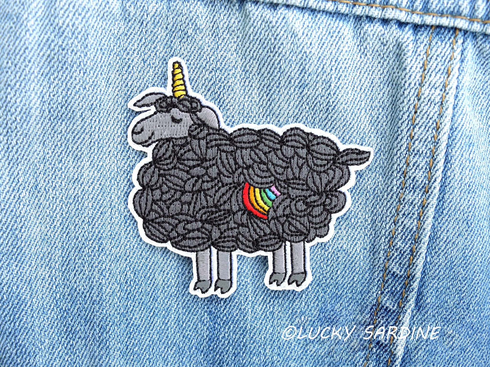 Lucky Sardine - Black Sheep, Unicorn Rainbow Embroidered Patch