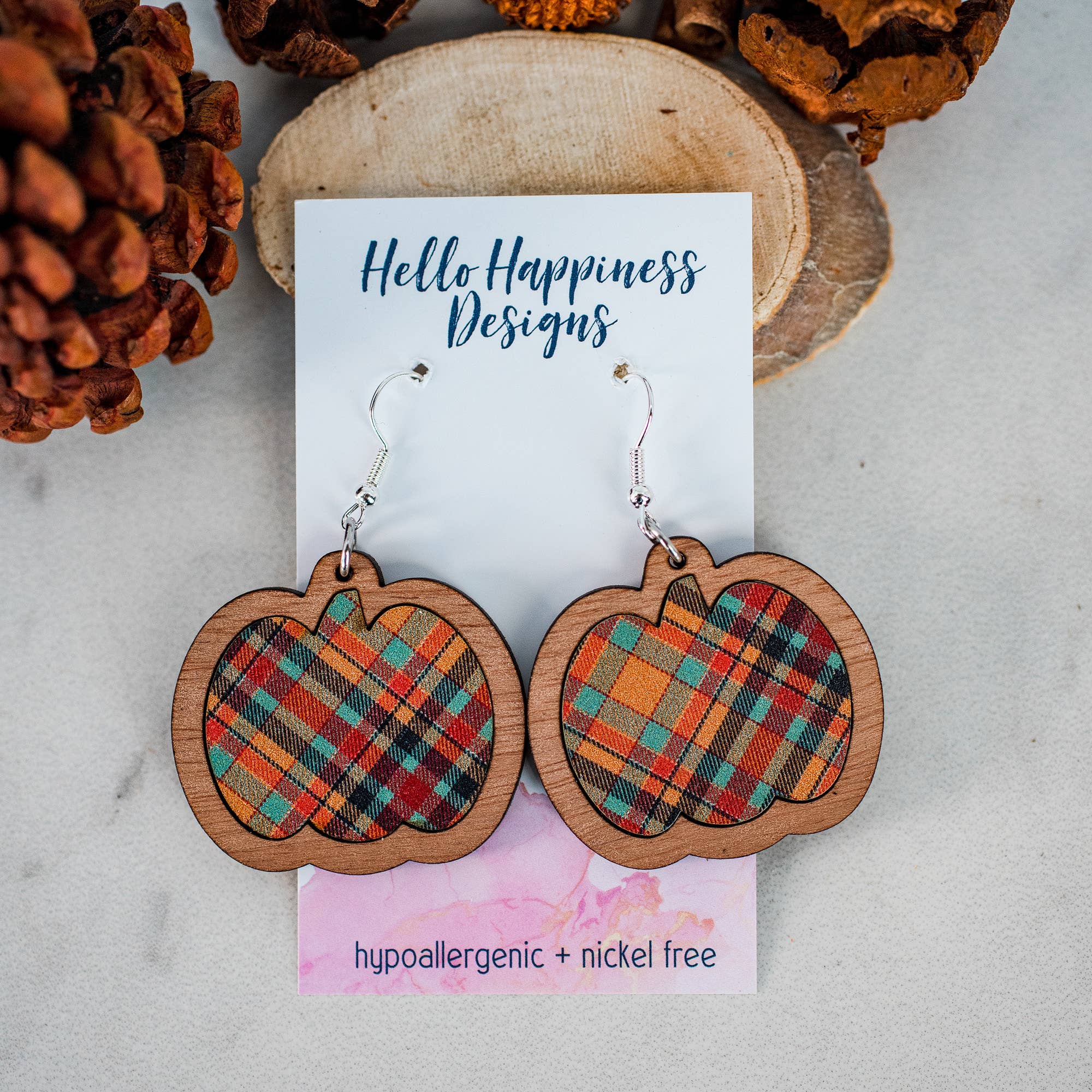 Hello Happiness Wholesale - Orange & Aqua Plaid Pumpkin Inset Dangles -Fall Thanksgiving
