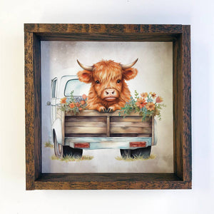 Hangout Home - Highland Cow and Flowers in Truck - Cute Farm Animal Art: 6x6" Mini Canvas Art with Wood Box Frame