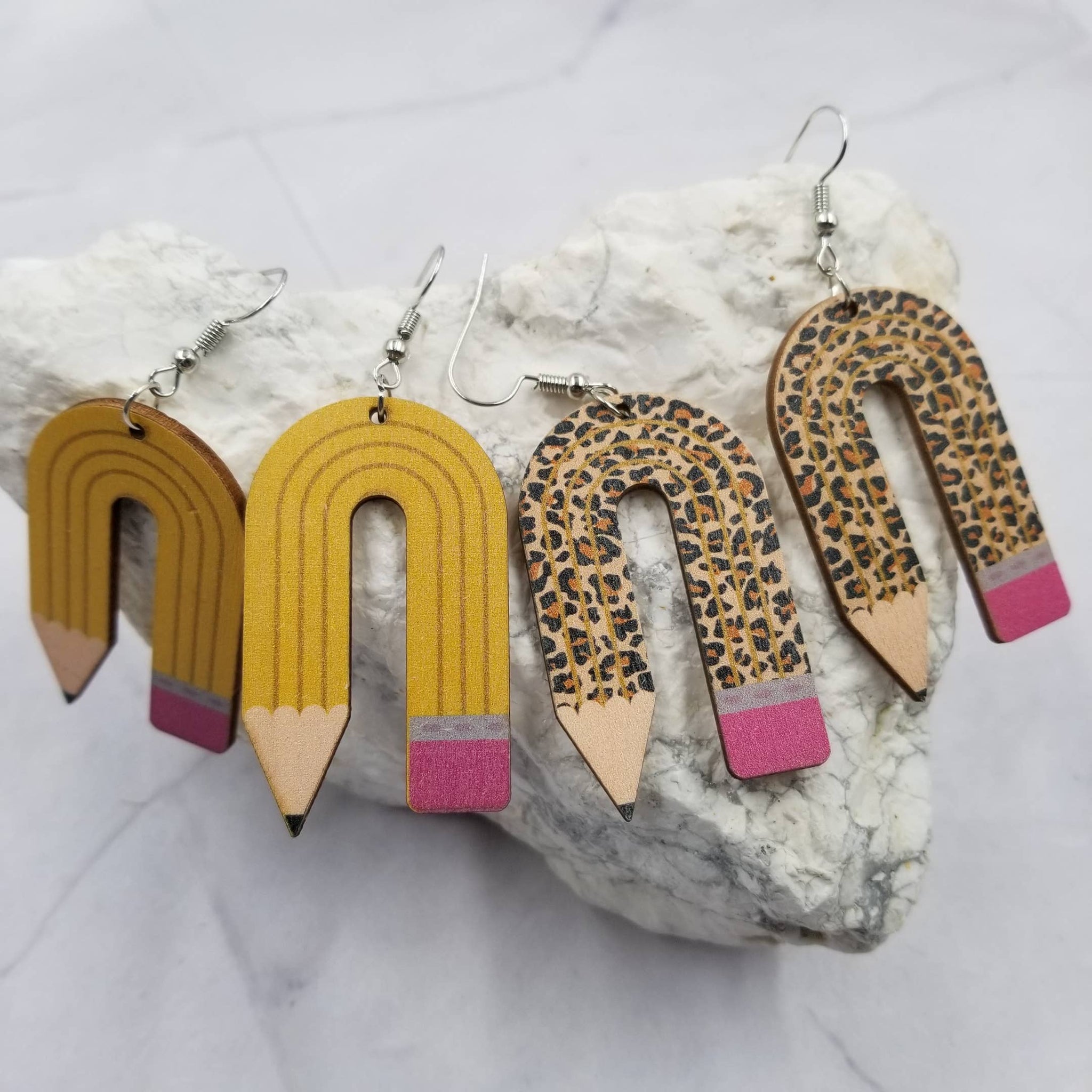 The Pretty Jewellery - Handmade Wood Leopard Teacher Pencil Earrings