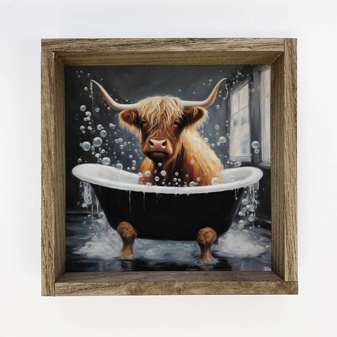 Hangout Home - Highland Cow in Black Tub - Wood Framed Canvas Art - Animal: 6x6" Mini Canvas Art with Wood Box Frame