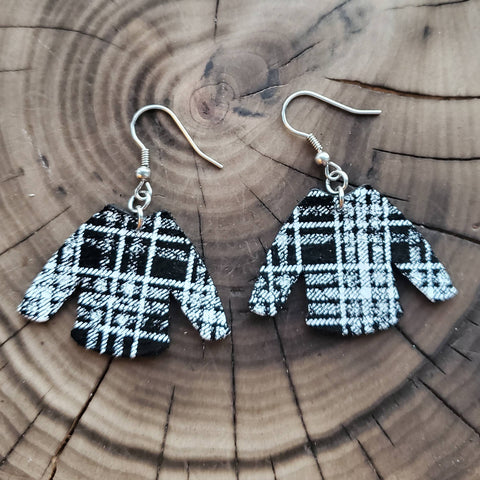 A Glamper's Creations LLC - Black & White Plaid Christmas Sweater Leather Earrings