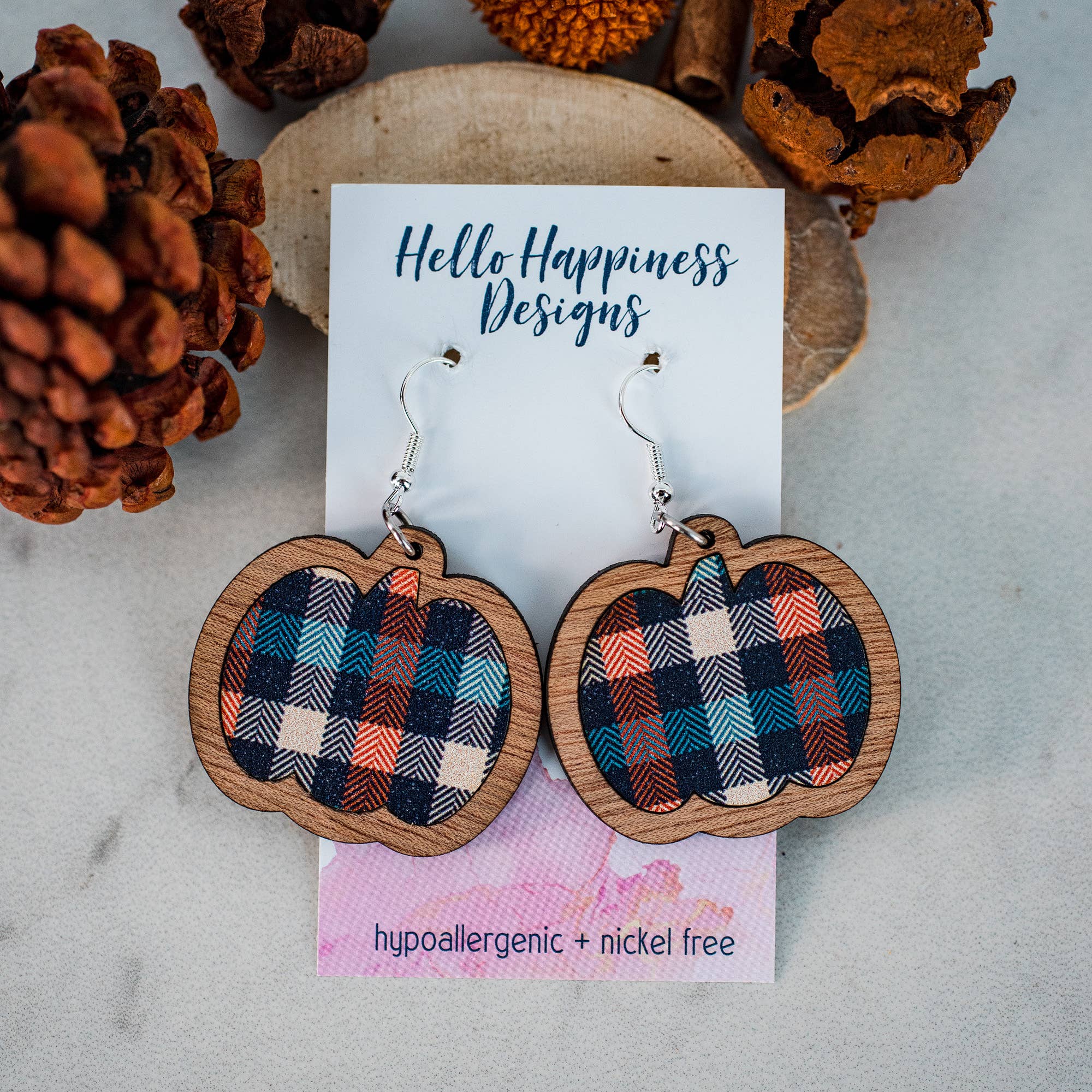 Hello Happiness Wholesale - Orange & Navy Plaid Pumpkin Inset Dangles -Fall Thanksgiving
